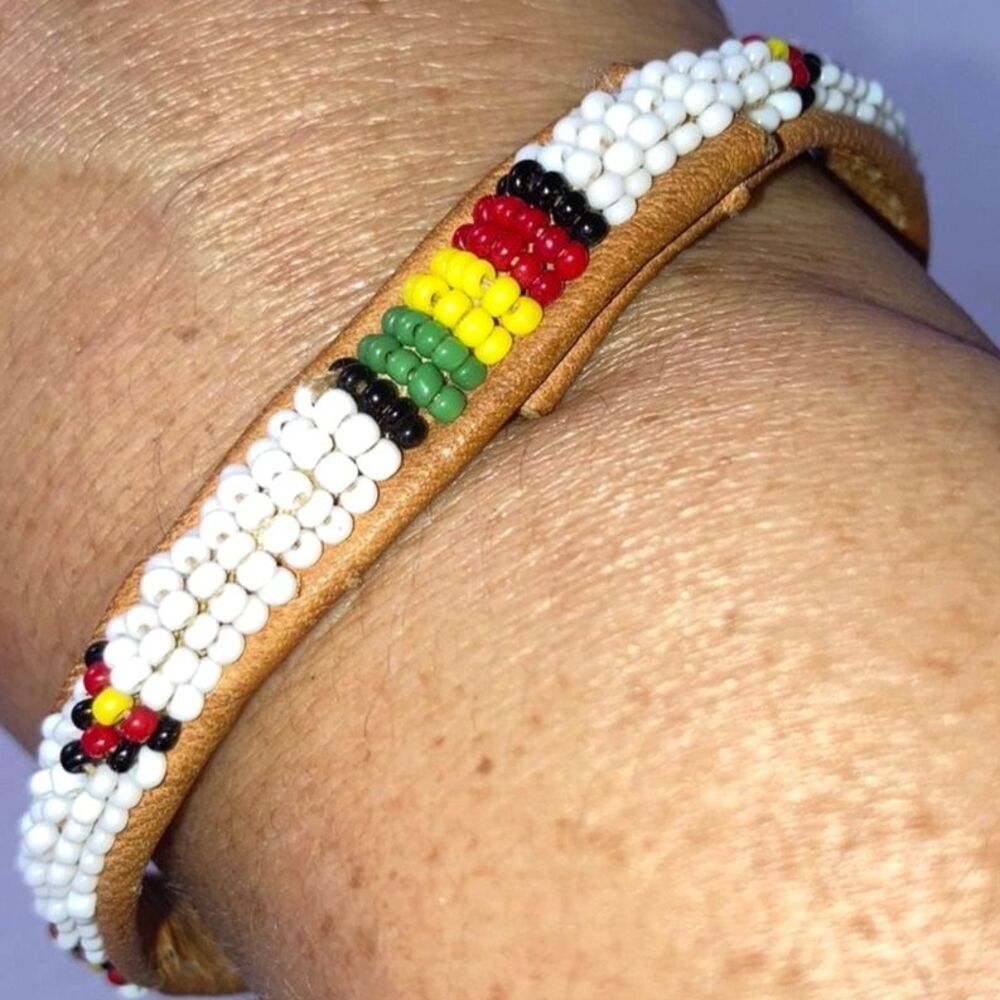 RASTA Beaded Bracelet Hand Beaded Leather Lined Multi Color 8.5 inches Wrist